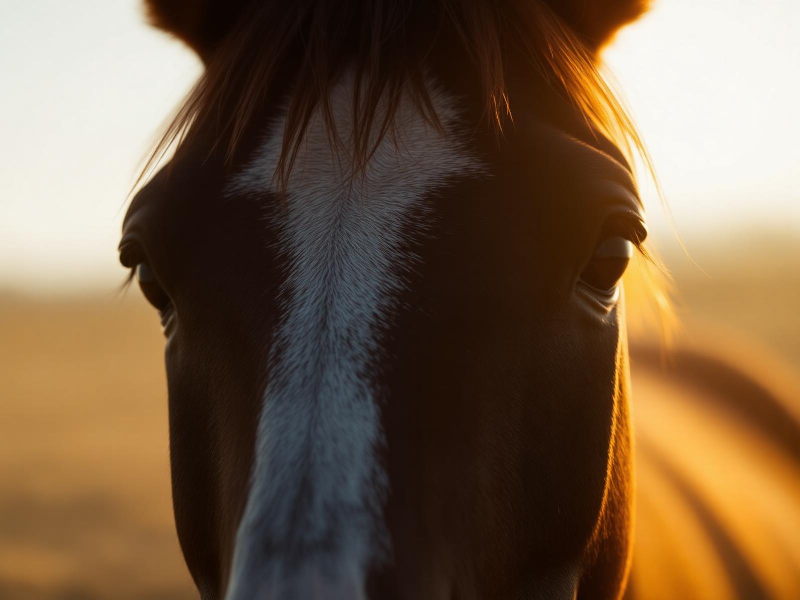 Close-up van een paardenhoofd in warm goudlicht